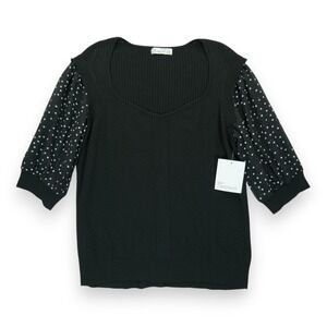 NWT 89th & Madison Top Women's Medium‎ Black White Combo Short Sleeve Polka Dot